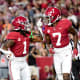 Alabama Crimson Tide running back Jahmyr Gibbs (1) and wide receiver Ja'Corey Brooks (7) celebrates after a touchdown against the Vanderbilt Commodores at Bryant-Denny Stadium.
